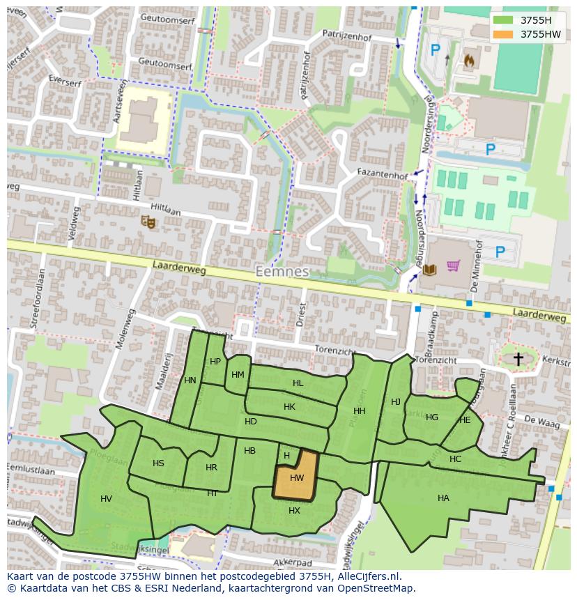 Afbeelding van het postcodegebied 3755 HW op de kaart.