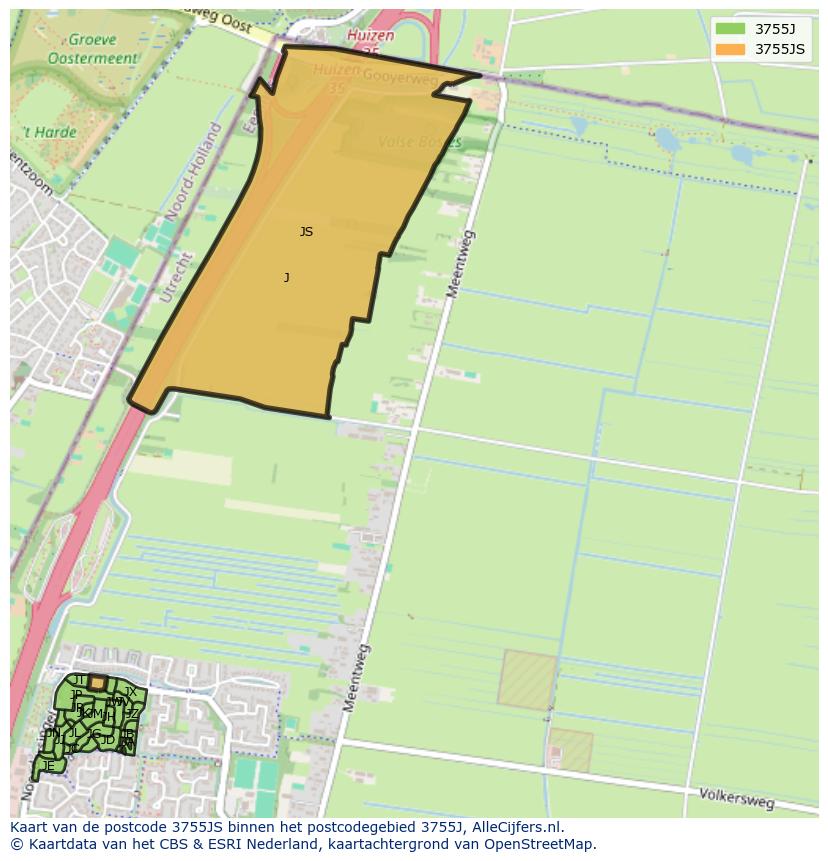 Afbeelding van het postcodegebied 3755 JS op de kaart.