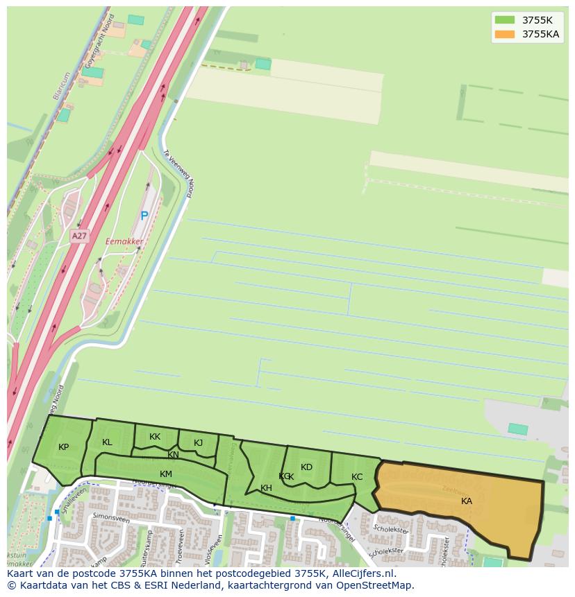 Afbeelding van het postcodegebied 3755 KA op de kaart.