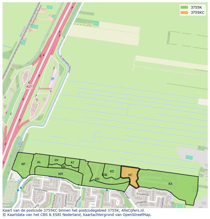 Afbeelding van het postcodegebied 3755 KC op de kaart.