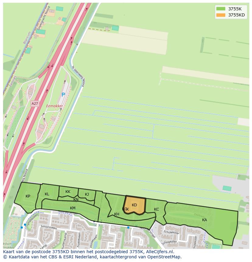 Afbeelding van het postcodegebied 3755 KD op de kaart.