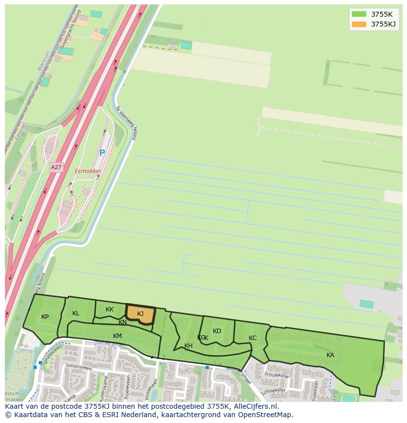 Afbeelding van het postcodegebied 3755 KJ op de kaart.