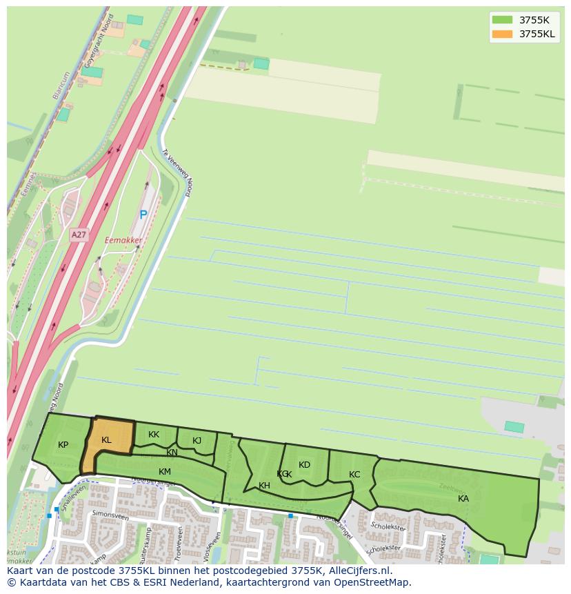 Afbeelding van het postcodegebied 3755 KL op de kaart.
