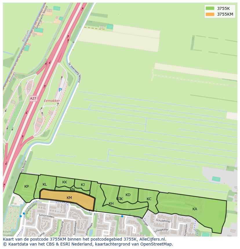 Afbeelding van het postcodegebied 3755 KM op de kaart.