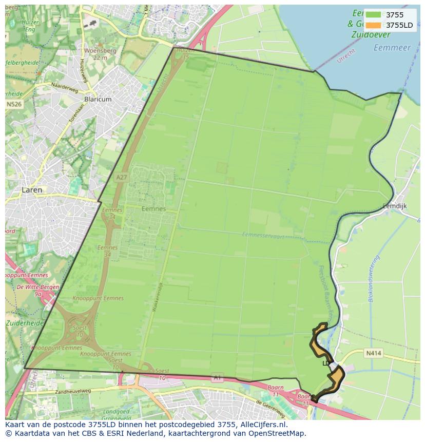 Afbeelding van het postcodegebied 3755 LD op de kaart.