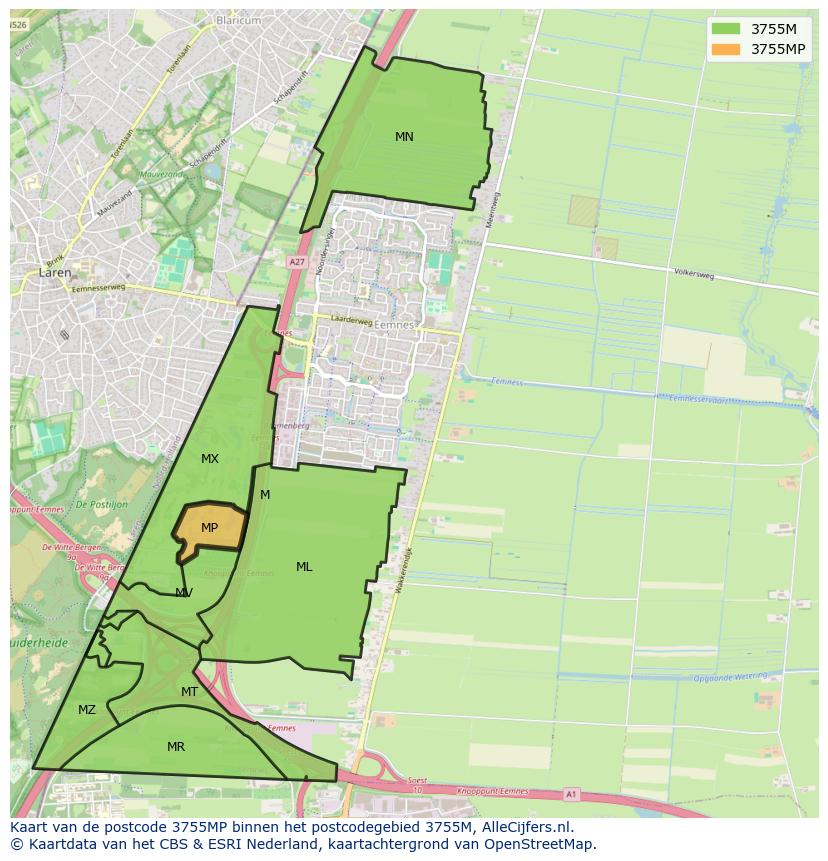 Afbeelding van het postcodegebied 3755 MP op de kaart.