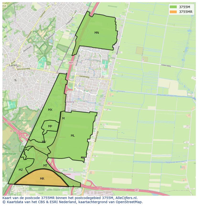 Afbeelding van het postcodegebied 3755 MR op de kaart.