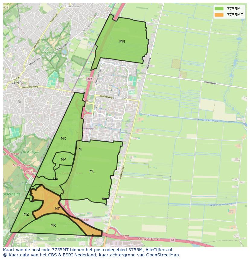 Afbeelding van het postcodegebied 3755 MT op de kaart.