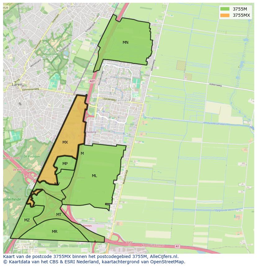 Afbeelding van het postcodegebied 3755 MX op de kaart.