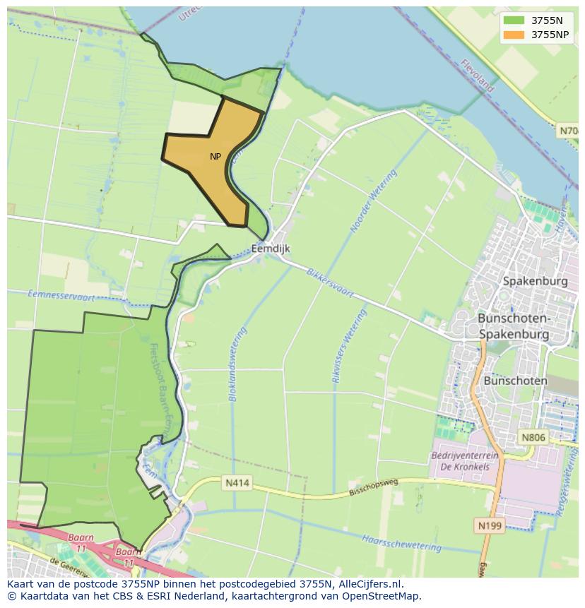 Afbeelding van het postcodegebied 3755 NP op de kaart.