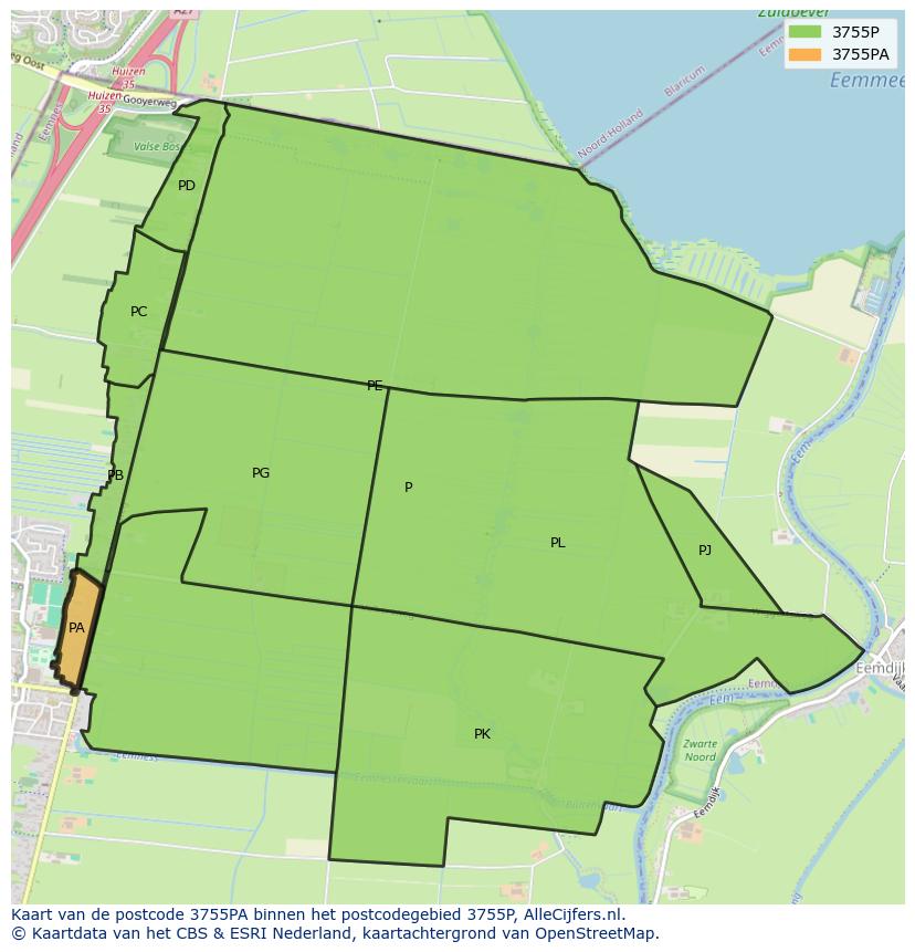 Afbeelding van het postcodegebied 3755 PA op de kaart.