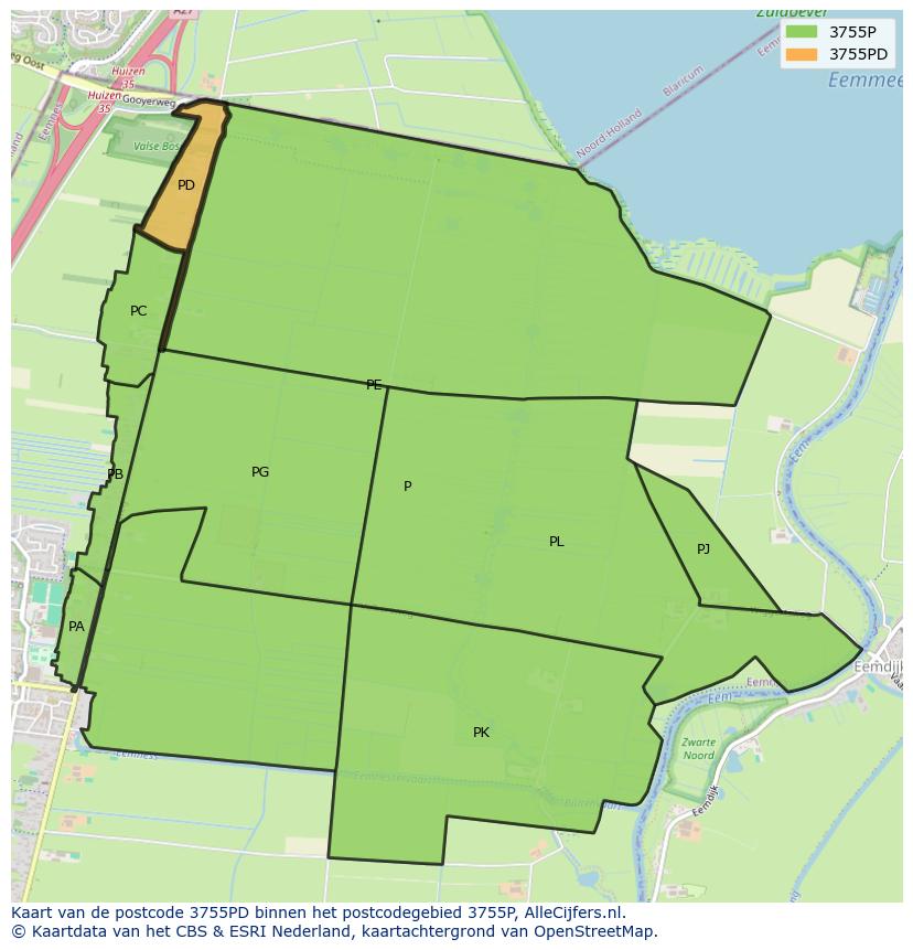 Afbeelding van het postcodegebied 3755 PD op de kaart.