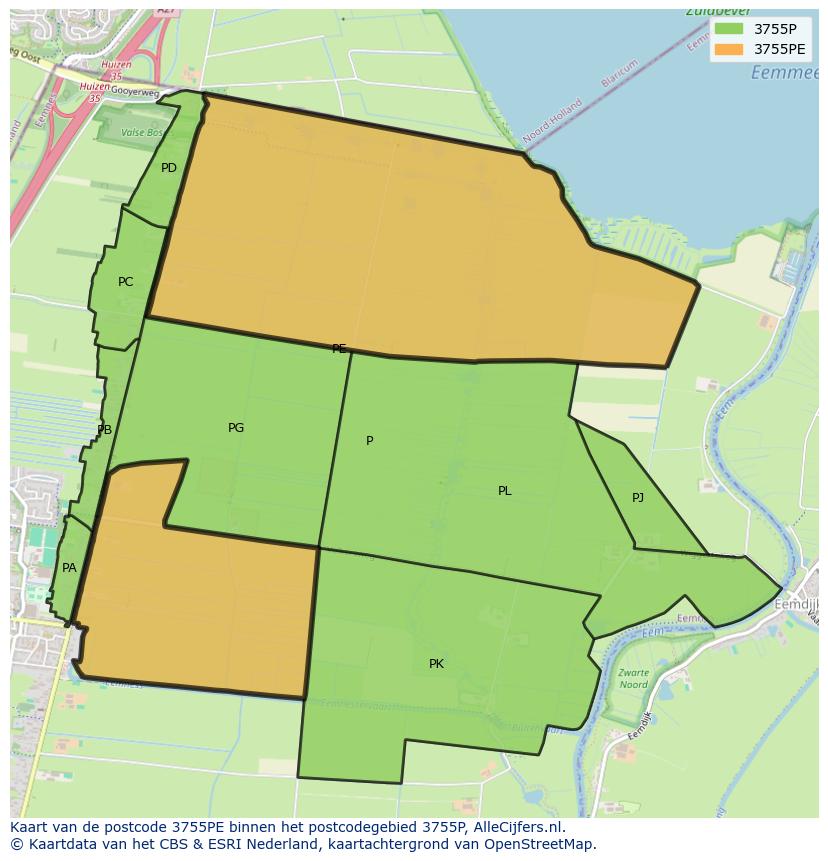 Afbeelding van het postcodegebied 3755 PE op de kaart.