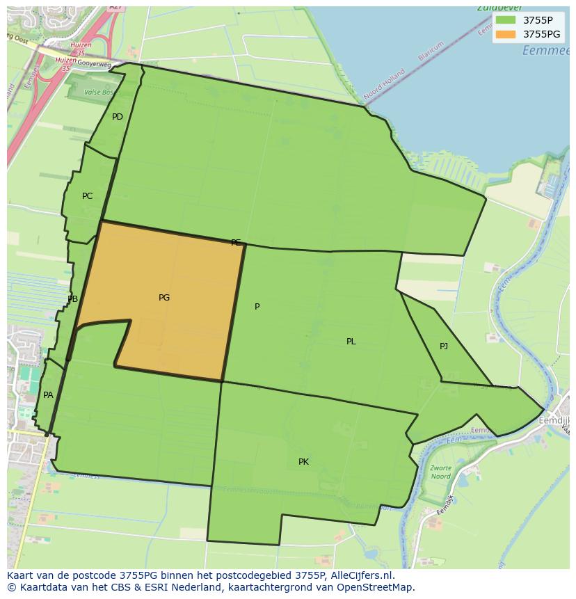 Afbeelding van het postcodegebied 3755 PG op de kaart.