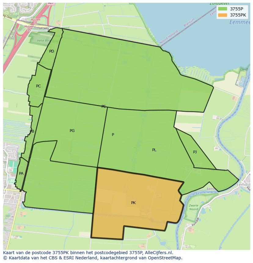 Afbeelding van het postcodegebied 3755 PK op de kaart.