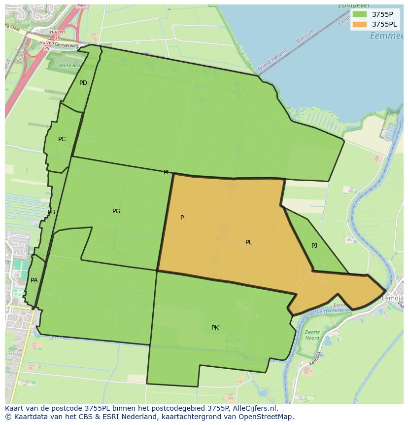 Afbeelding van het postcodegebied 3755 PL op de kaart.