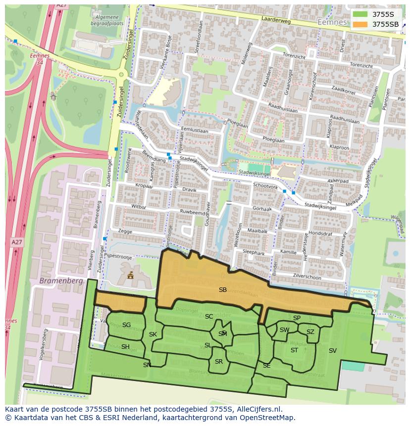 Afbeelding van het postcodegebied 3755 SB op de kaart.