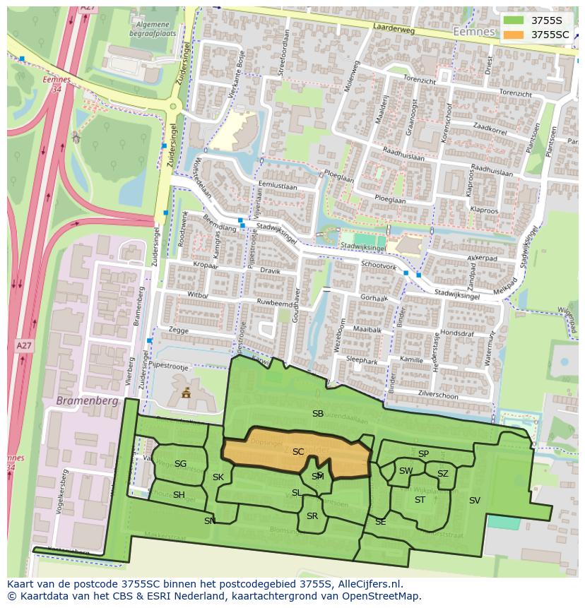 Afbeelding van het postcodegebied 3755 SC op de kaart.