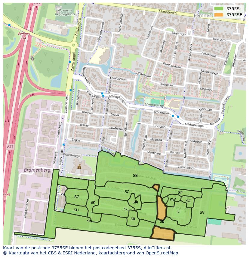 Afbeelding van het postcodegebied 3755 SE op de kaart.