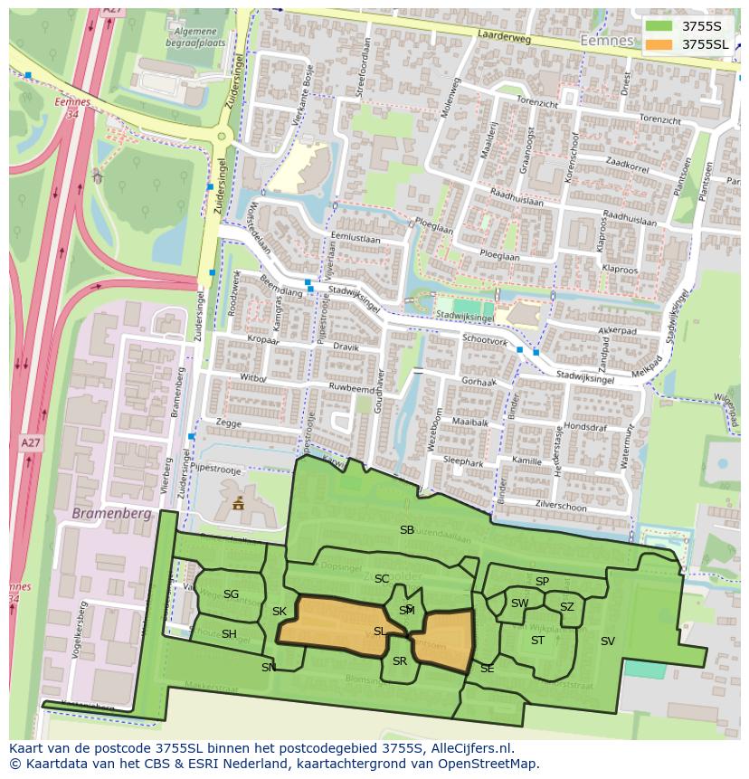 Afbeelding van het postcodegebied 3755 SL op de kaart.