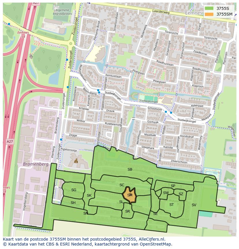 Afbeelding van het postcodegebied 3755 SM op de kaart.