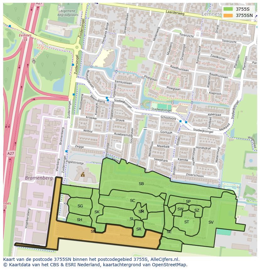 Afbeelding van het postcodegebied 3755 SN op de kaart.
