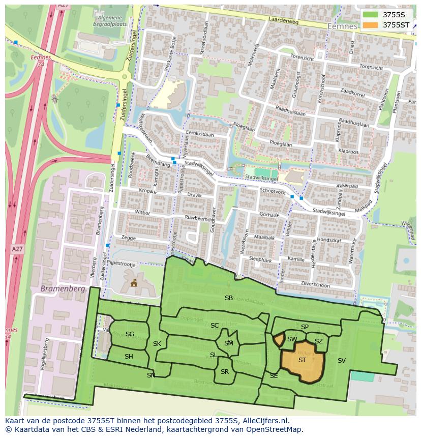 Afbeelding van het postcodegebied 3755 ST op de kaart.