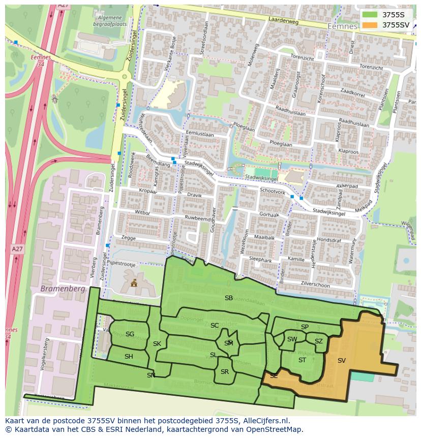 Afbeelding van het postcodegebied 3755 SV op de kaart.