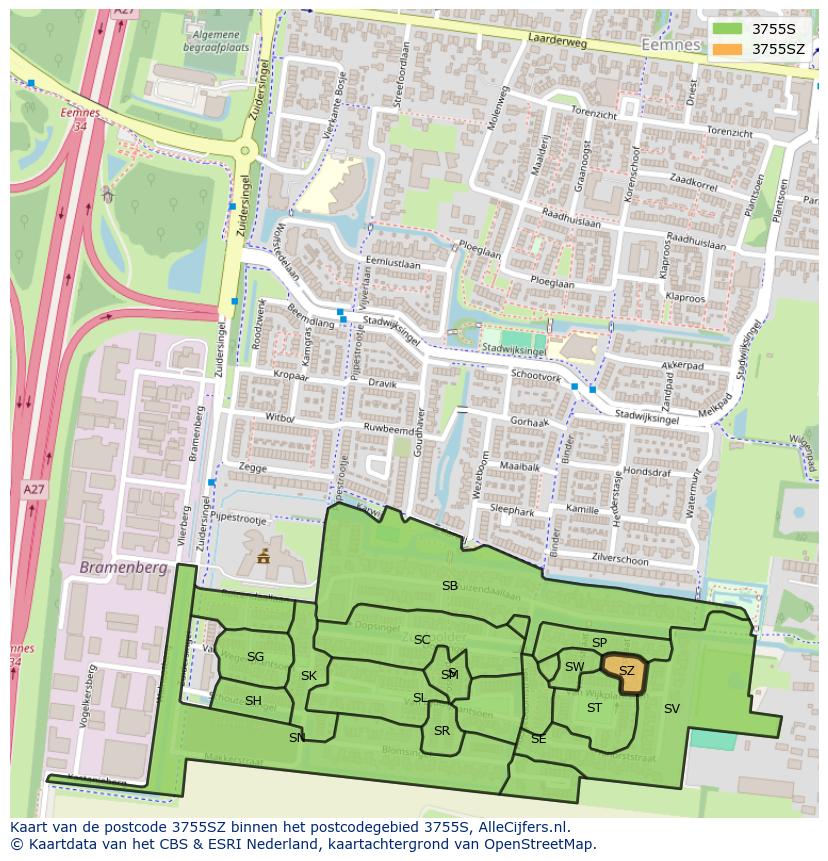 Afbeelding van het postcodegebied 3755 SZ op de kaart.