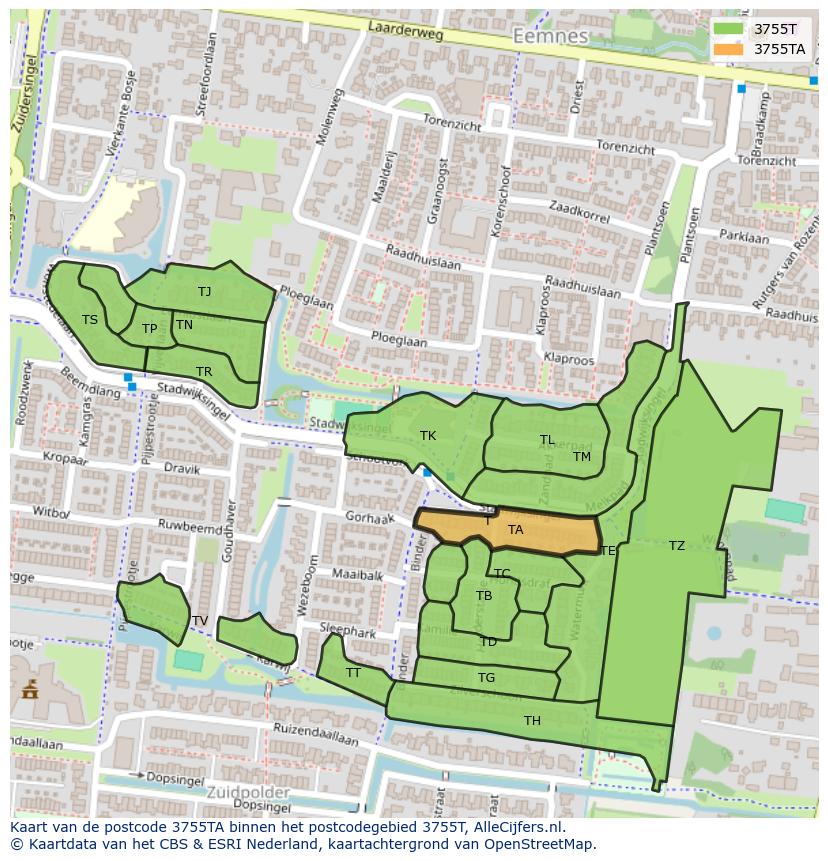 Afbeelding van het postcodegebied 3755 TA op de kaart.