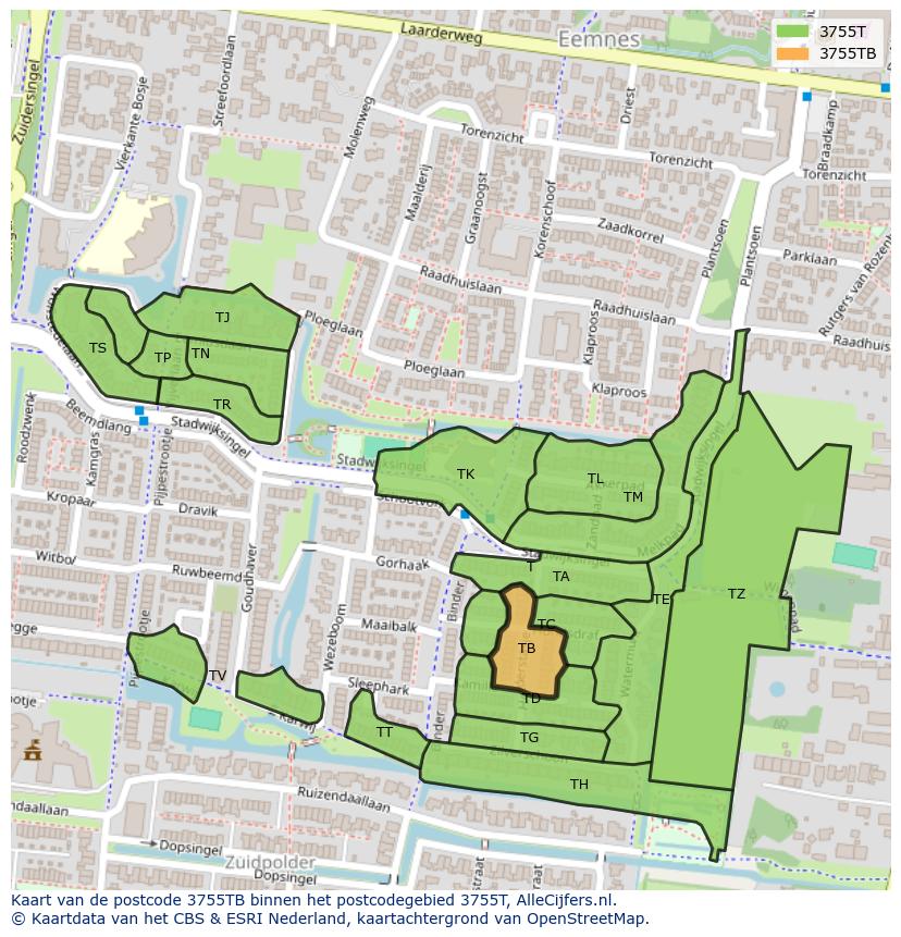 Afbeelding van het postcodegebied 3755 TB op de kaart.