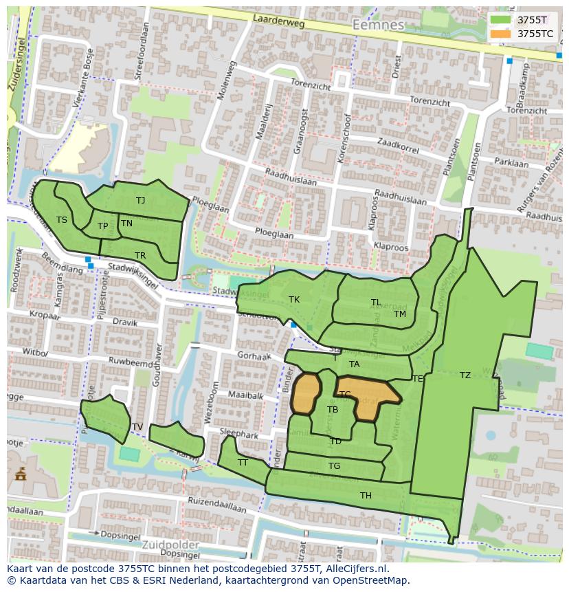 Afbeelding van het postcodegebied 3755 TC op de kaart.
