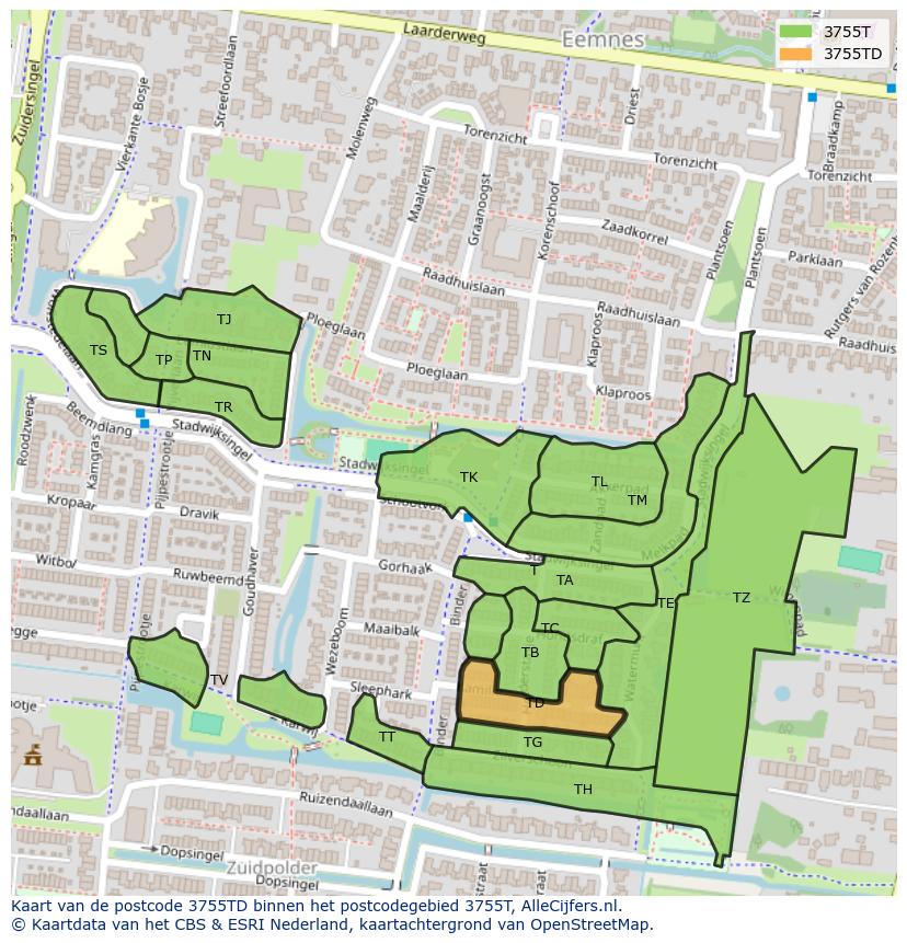 Afbeelding van het postcodegebied 3755 TD op de kaart.