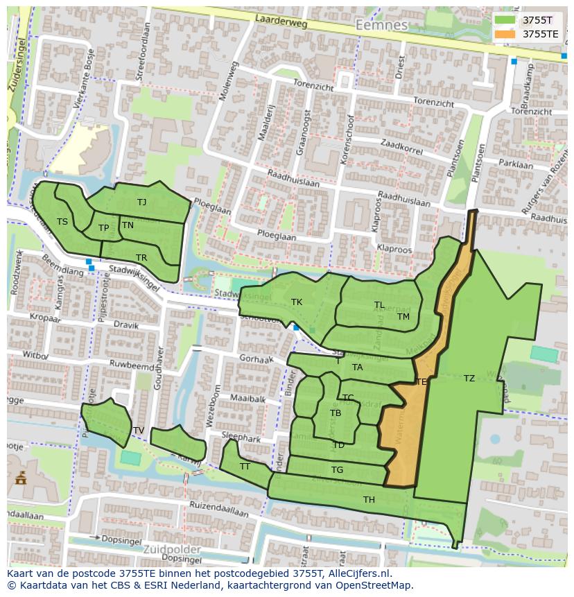 Afbeelding van het postcodegebied 3755 TE op de kaart.