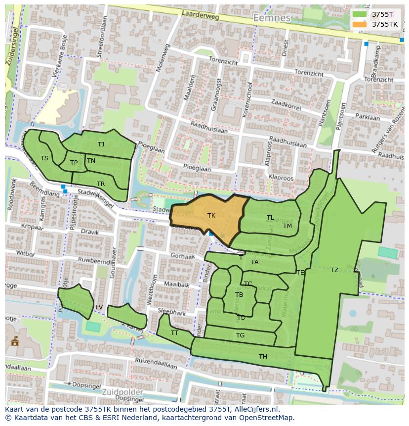 Afbeelding van het postcodegebied 3755 TK op de kaart.