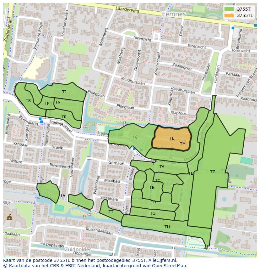 Afbeelding van het postcodegebied 3755 TL op de kaart.