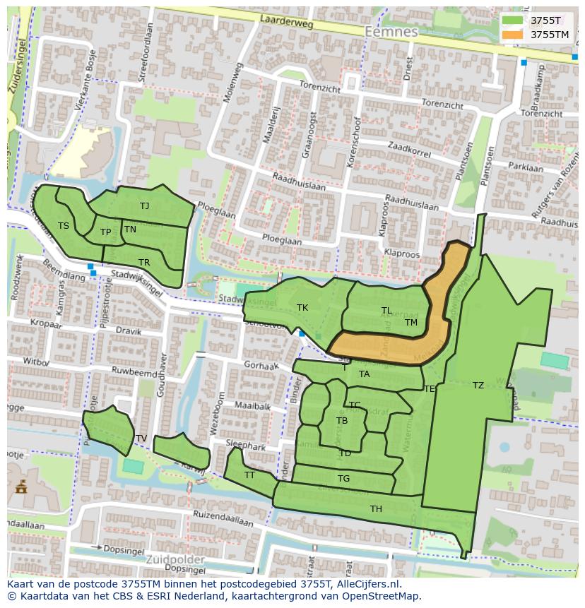Afbeelding van het postcodegebied 3755 TM op de kaart.