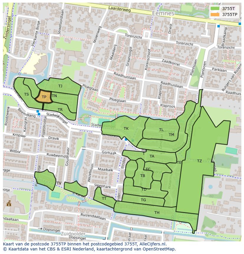 Afbeelding van het postcodegebied 3755 TP op de kaart.