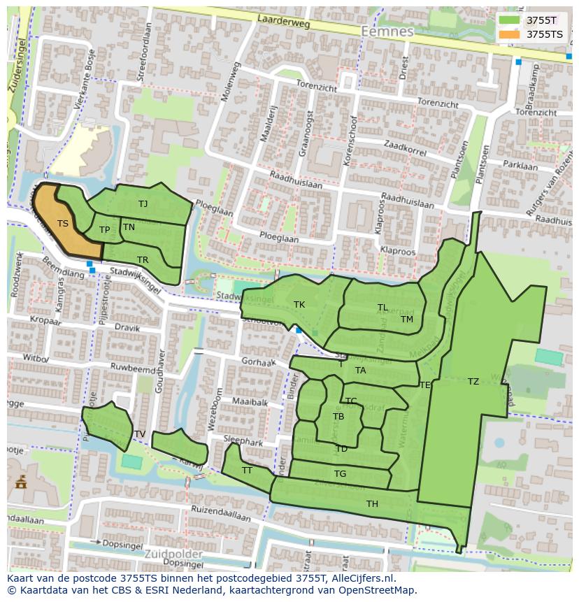 Afbeelding van het postcodegebied 3755 TS op de kaart.