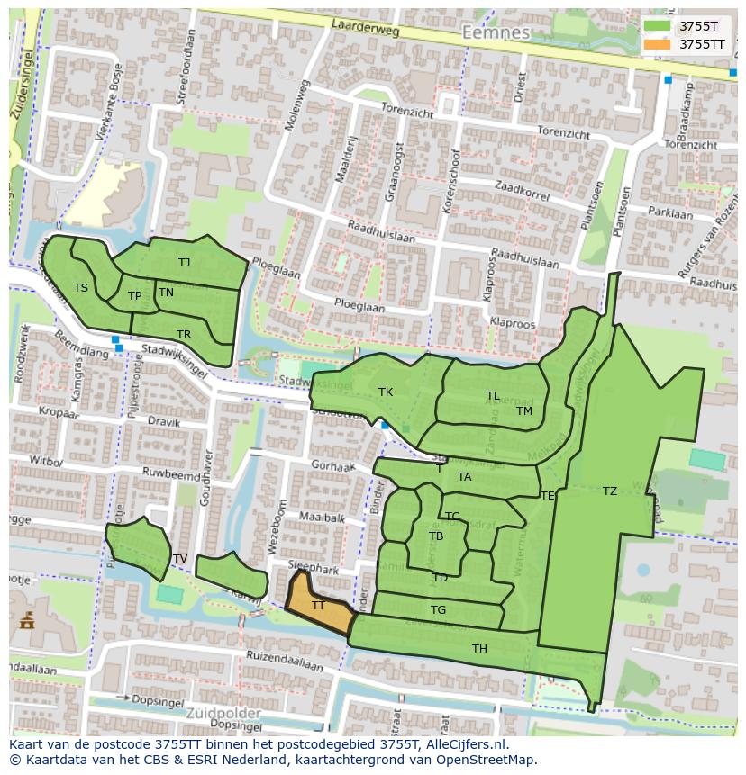 Afbeelding van het postcodegebied 3755 TT op de kaart.