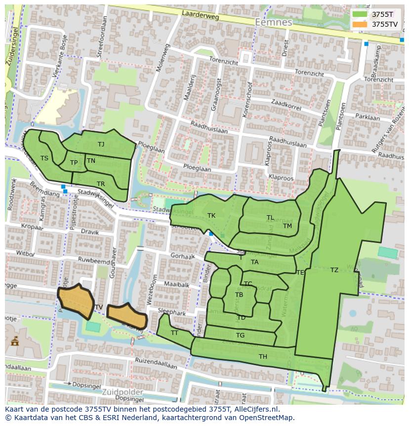 Afbeelding van het postcodegebied 3755 TV op de kaart.