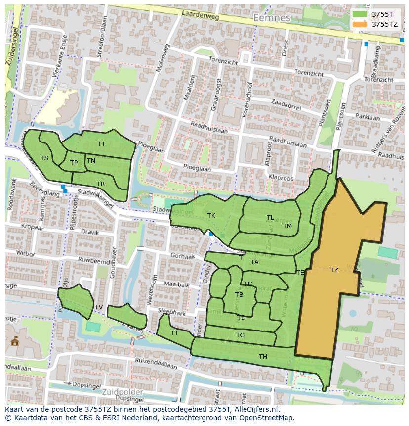 Afbeelding van het postcodegebied 3755 TZ op de kaart.