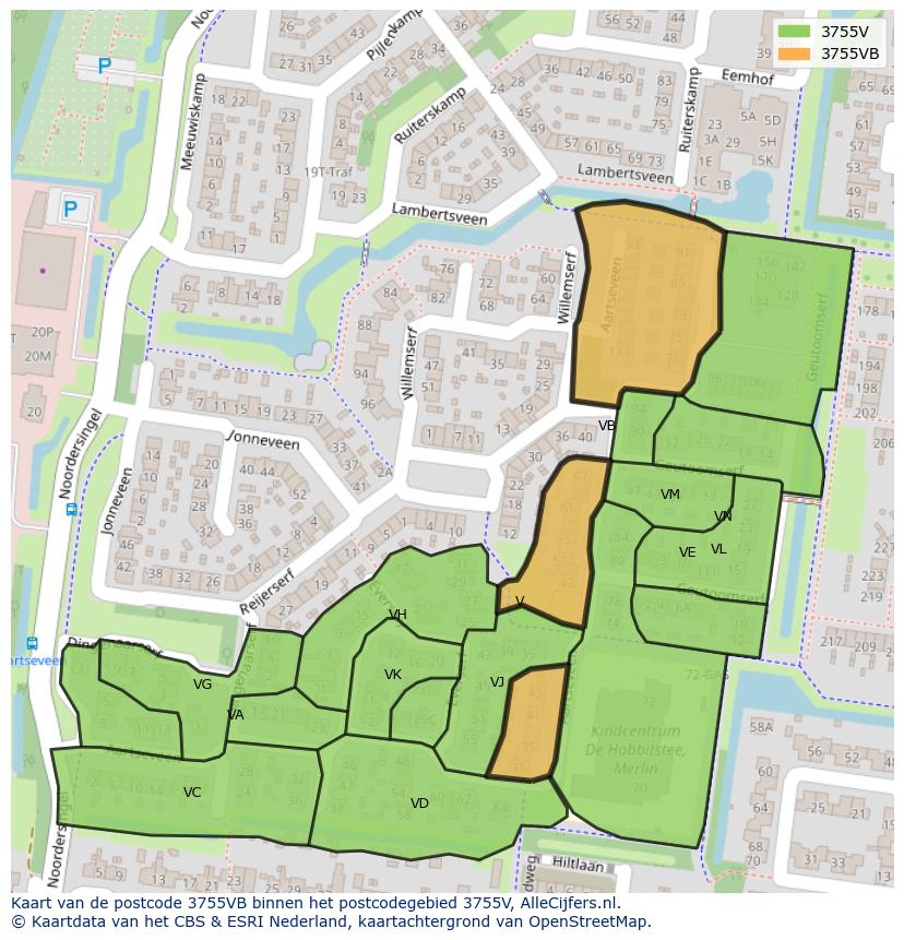Afbeelding van het postcodegebied 3755 VB op de kaart.
