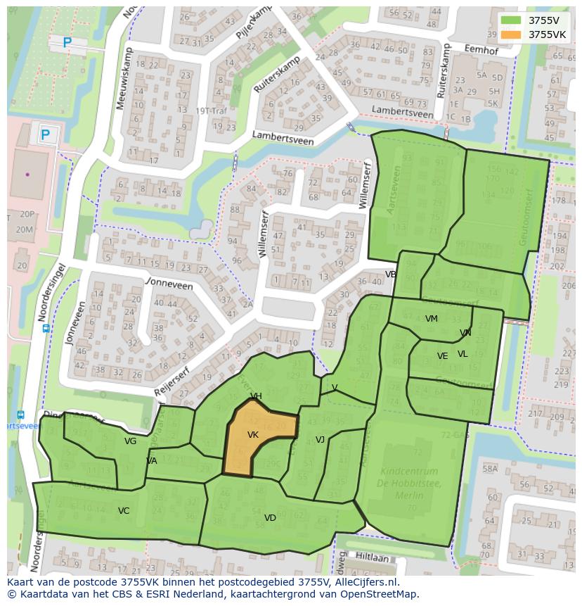 Afbeelding van het postcodegebied 3755 VK op de kaart.