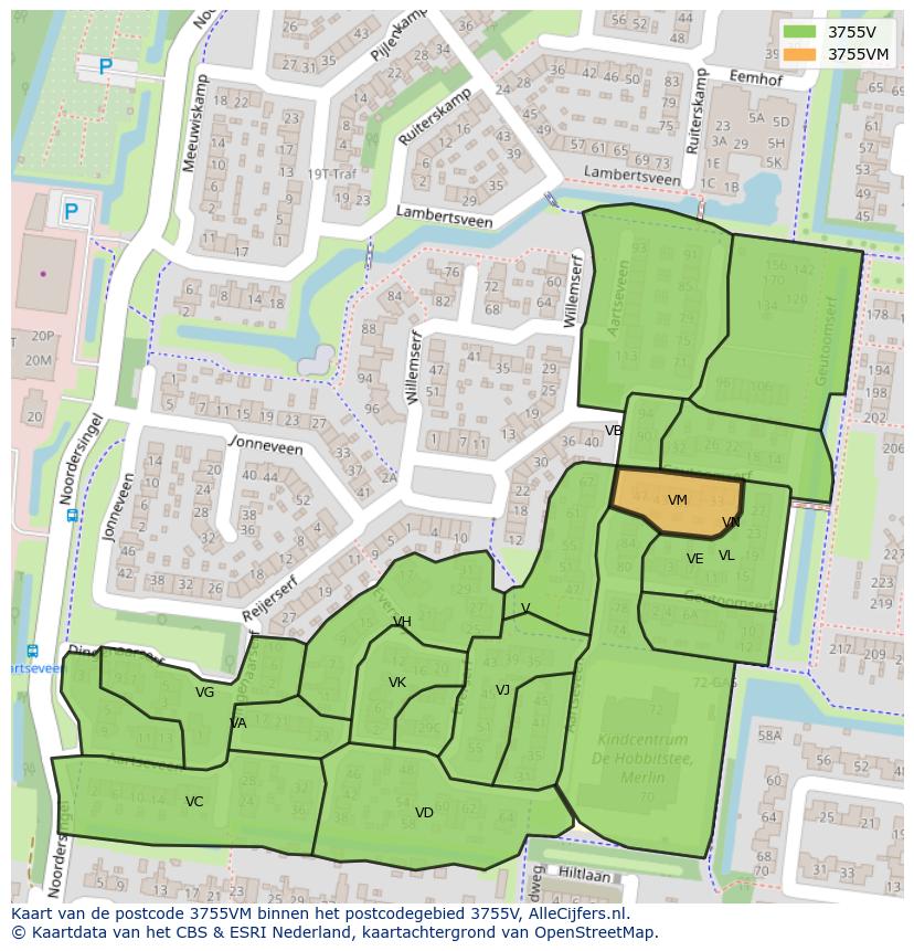 Afbeelding van het postcodegebied 3755 VM op de kaart.