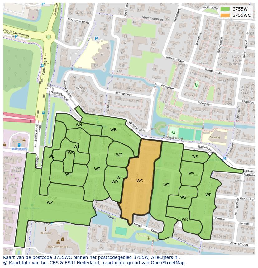 Afbeelding van het postcodegebied 3755 WC op de kaart.