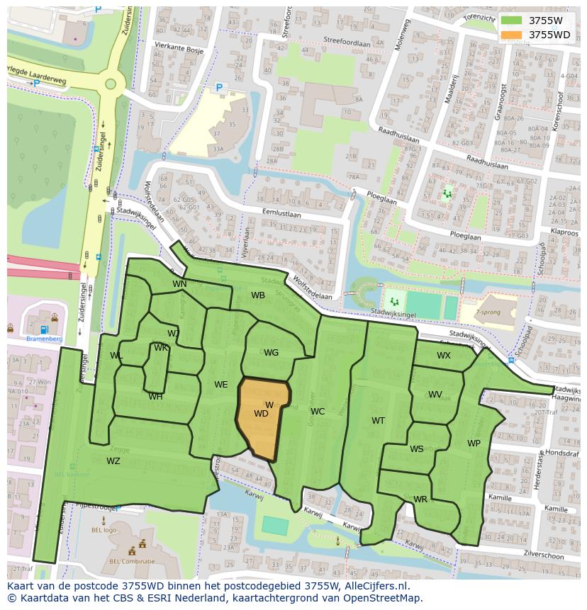 Afbeelding van het postcodegebied 3755 WD op de kaart.