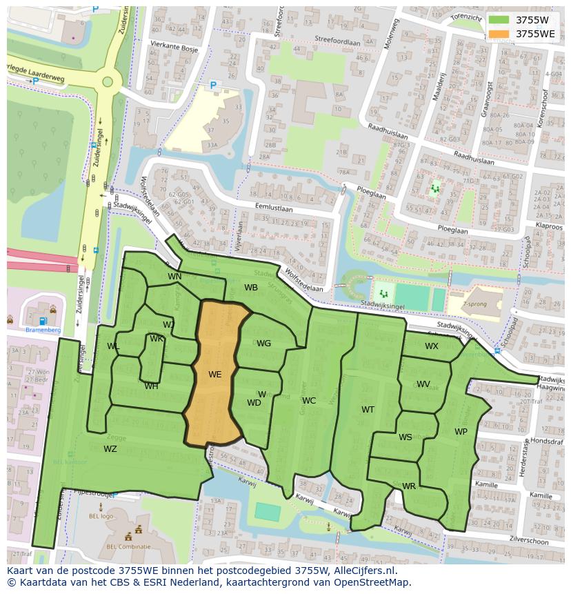 Afbeelding van het postcodegebied 3755 WE op de kaart.