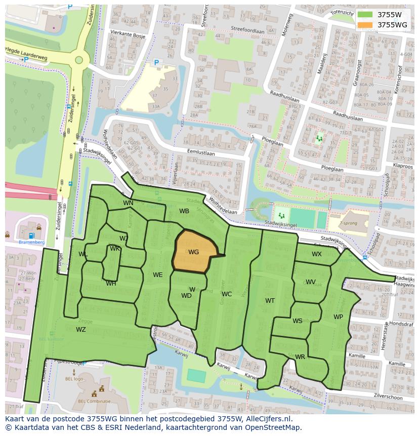 Afbeelding van het postcodegebied 3755 WG op de kaart.