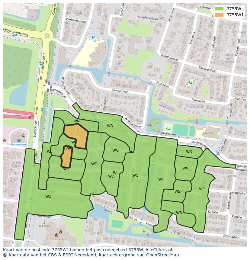 Afbeelding van het postcodegebied 3755 WJ op de kaart.
